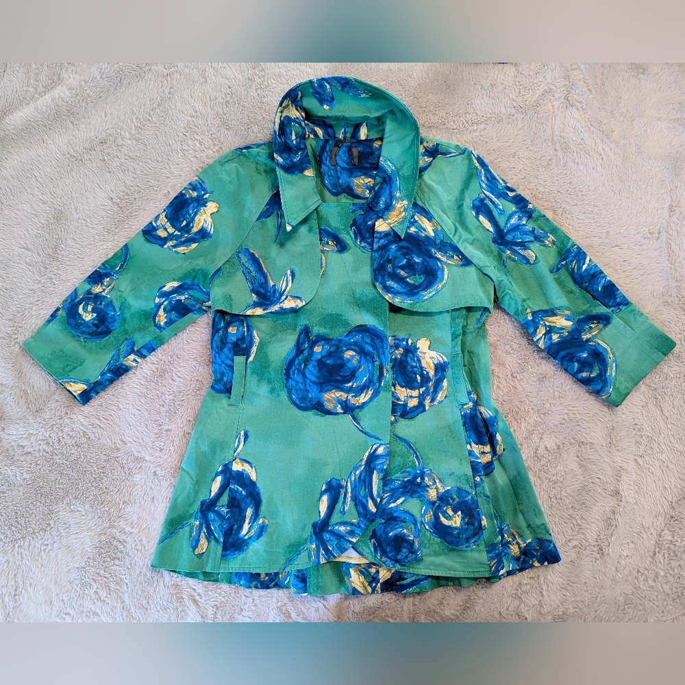 Kristin Davis Green & Blue Spring Floral Cropped Trench Coat Size M